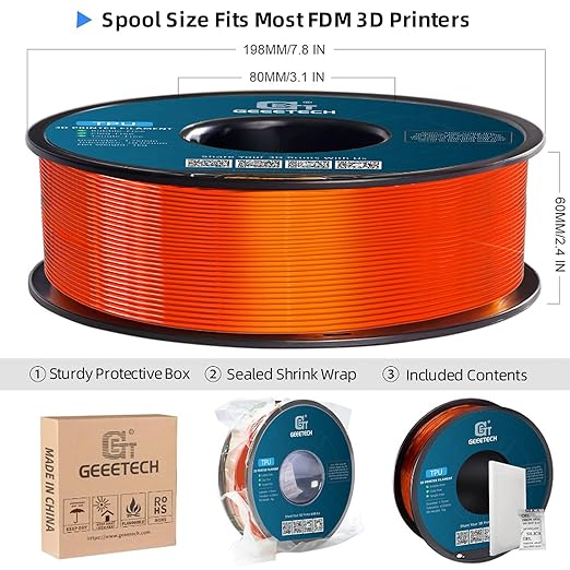 Geeetech TPU Filament 1.75mm, Shore 95A ??Flexible 3D Printer Filament with High Elasticity, 1KG (2.2lbs) Spool, Dimensional Accuracy 짹0.03mm, Fits Most FDM Printersl, Clear Orange