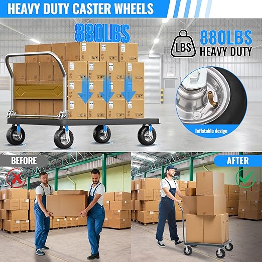 8 Inch Pneumatic Caster Wheels Set of 4 (2 Swivel/2 Rigid),Heavy Duty Casters,Tolerable 880 LBS,Rubber Knobby Tread for Workbench, Cart, Trolley,Wagon and Shelves