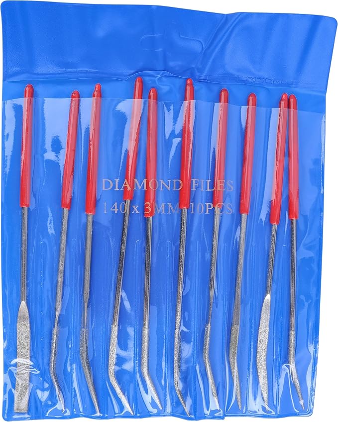 YAKAMOZ 10PCS Curved Mini Diamond Needle File Set Bent Small Metal Riffler Files Hand Tools for Glass Wood Stone Jewelry - Round Triangular Square Flat Shape 3x140mm