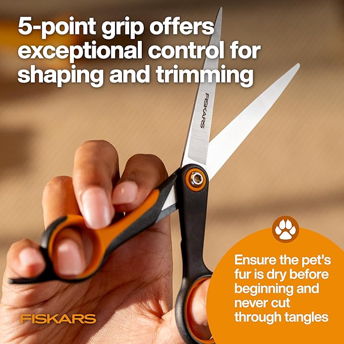 Fiskars Pet Scissors, Dog & Cat Grooming Scissors, Precision Stainless Steel Blades & SoftGrip??Handle, Cat and Dog Supplies, 6.75?? Orange/Black, Trimming Scissors