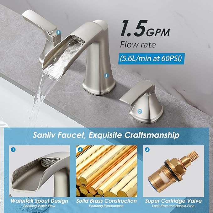 Brushed Nickel Waterfall Bathroom Faucet, Sanliv 3-Piece Widespread Bathroom Sink Faucets, 2-Handle Vanity Faucet for 3-Hole Sinks 4-8 Inch with Pop-Up Drain, Brushed Nickel