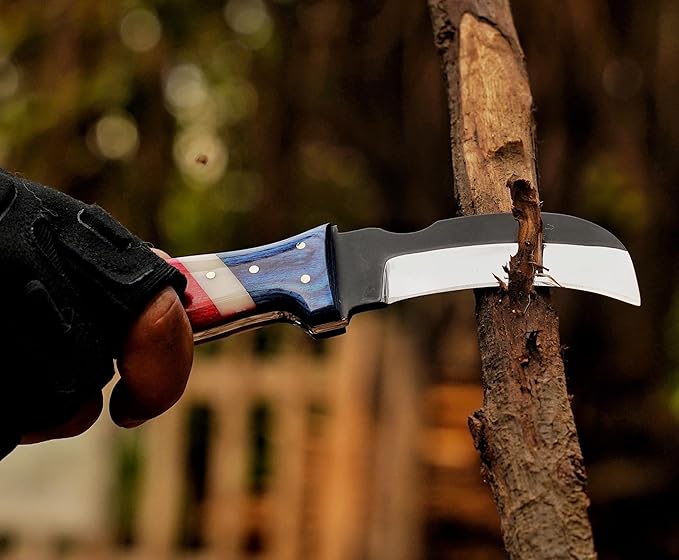 Handmade Steel Lineman’s Hawkbill knife with Leather sheath, Heavy Duty Utility Knife blade Electrician Wire Skinning knife for professional. (Red,White&Blue)