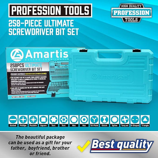 Amartisan 258-Piece Ultimate Screwdriver Bit Set, Chrome Vanadium Steel Driver Bit Set, Security bit set, Includes Bits Holder, Nut Driver, etc (Blue)