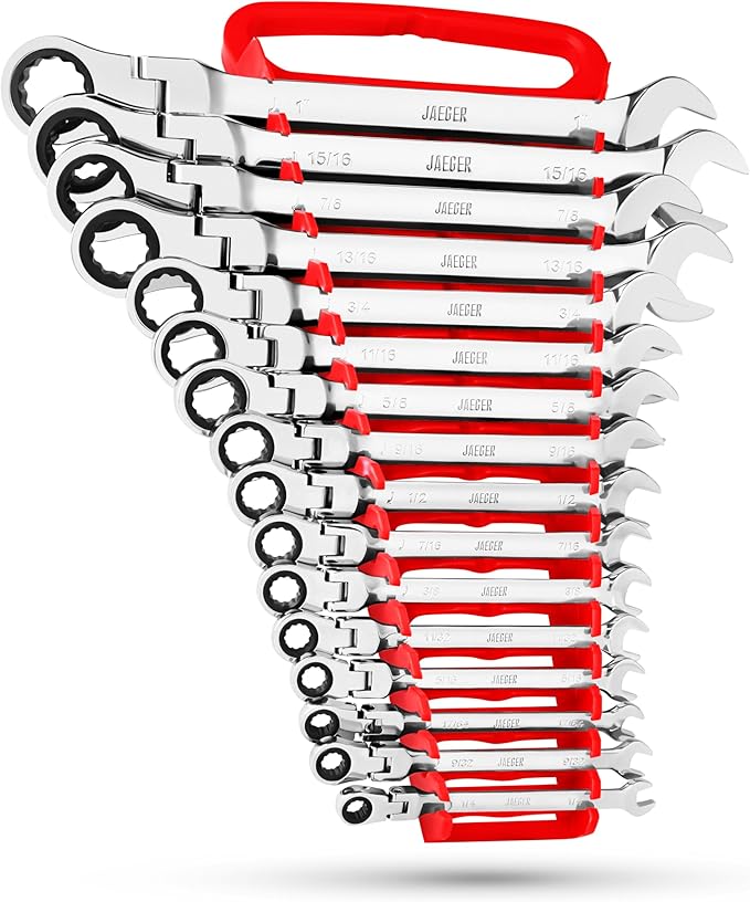 Jaeger 16pc IN/SAE Flex Head TIGHTSPOT Ratcheting Combination Wrench Set With Lock-In Rack - Inch Flexhead MASTER SET With Flexible Ratchet Speed Wrenches And A Lock-In Rack Case