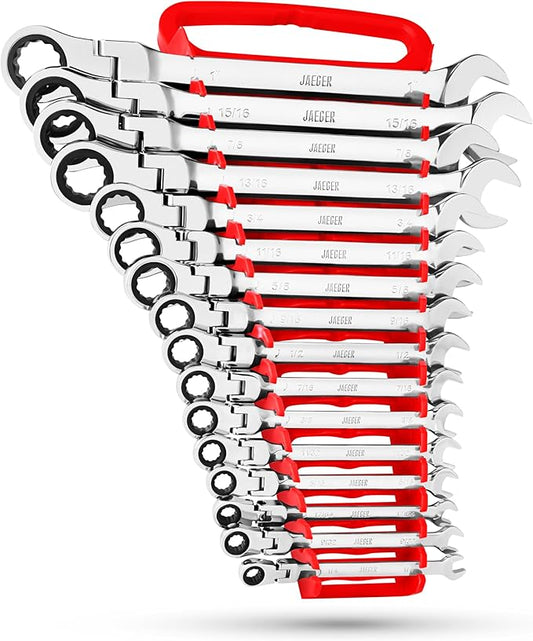 Jaeger 16pc IN/SAE Flex Head TIGHTSPOT Ratcheting Combination Wrench Set With Lock-In Rack - Inch Flexhead MASTER SET With Flexible Ratchet Speed Wrenches And A Lock-In Rack Case