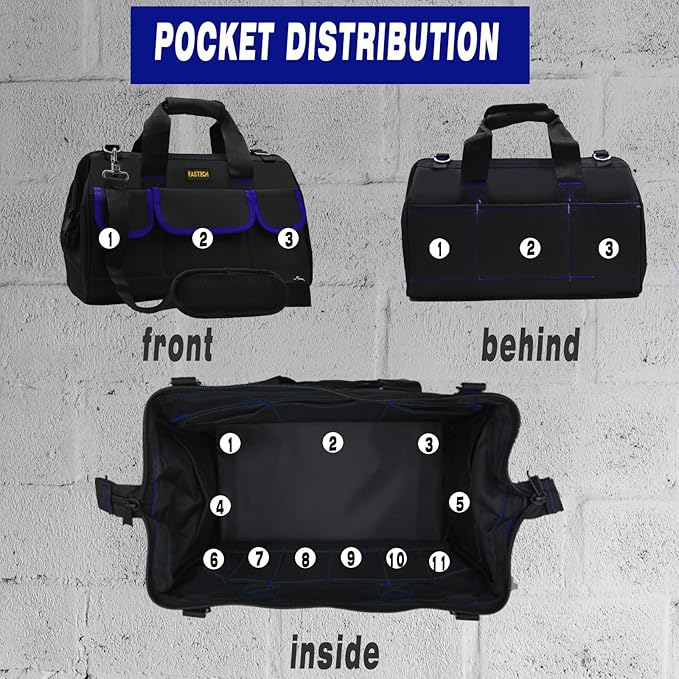 FASTECH 20 Inch Tool Bag, Large Tools Bag Waterproof Wide Mouth Tool Kit Heavy Duty Tool Bag Organizer, Tool Storage Package For Men/Women (20IN Blue)