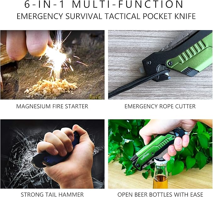 ALBATROSS 6-in-1 Modern Damascus Steel Folding Pocket Knives with LED Light,Seatbelt Cutter,Glass Breaker,Magnesium Fire Starter,Bottle Opener;Multi-Function Emergency Tool(Green-DA)