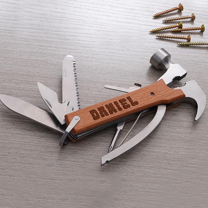 Custom Pocket Knife for Men, Personalized Gift for Men, Custom Engraved Multitool, Multiple Tools for Wooden Handle, Cool Birthday, Christmas, Fathers Day Gift for Dad, Husband, Grandpa