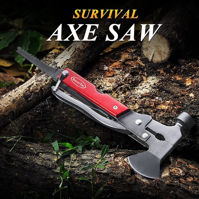 RoverTac 14-in-1 Multitool Camping Axe Hatchet ??Essential Camping Gear with Knife, Hammer, Saw, Bottle Opener, Screwdriver ??Multi Tool with Sheath ??Gifts for Men, Dad, and Outdoor Adventures