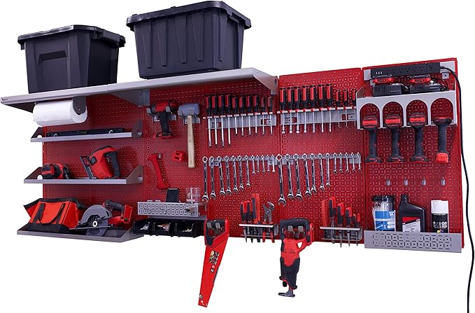 OmniWall Weekend Warrior Ultimate Tool Kit-96" x 32" Metal Pegboard Wall Storage System Red/Silver