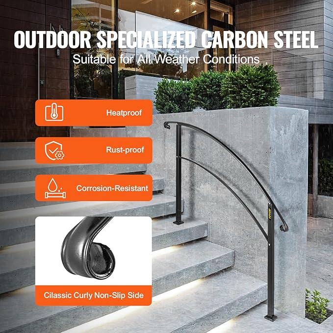 VEVOR Outdoor Steps Handrail, Black Arch#1 Adjustable Metal Staircase Railing for Porch & Deck