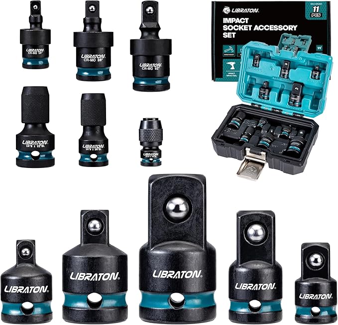 LIBRATON Impact Socket Adapter and Reducer Set 11PCS, Socket Adapter Reducers, Swivel Socket Adapters, Impact to 1/4 Hex Converters, Impact Wrench Adapters for Automotive Repair, with Blow Molded Box