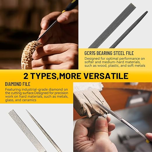 Needle Files Set, 13PCS with 6 Diamond File & 6 Steel Files, Cleaning Brush & Tool Bag for Jewlers Wood Metal Work DIY