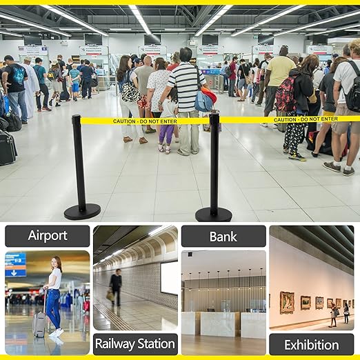 Therwen 6 Pack Heavy Duty Crowd Control Stanchions 9.8 ft Stainless Steel Stanchion Set with 6 Safety Barrier Post Retractable Belt and 1 Sign Holder Crowd Control Barrier(Caution Belt,Black)