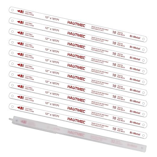 HAUTMEC 12" Hacksaw Blades 18 TPI – 10 Pack Bi-Metal Replacement Blades with High-Speed Steel Teeth and Spring Steel Body, Professional Grade, Fits Most Hacksaw Frames