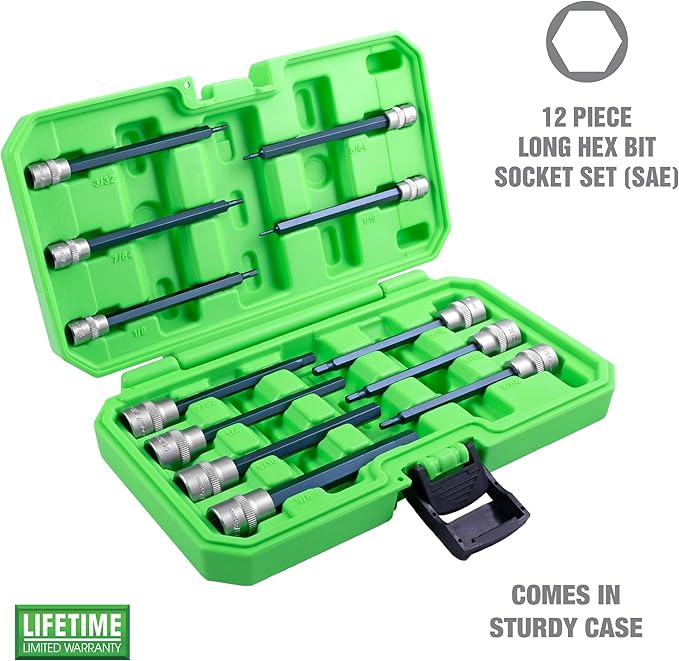 OEMTOOLS 23563 12-Pc Extra Long Hex Socket Set (SAE), Hex Bit Socket Set 1/4" and 3/8" Drive, 1/16"-3/8" S2 Steel Bits, Storage Case Included