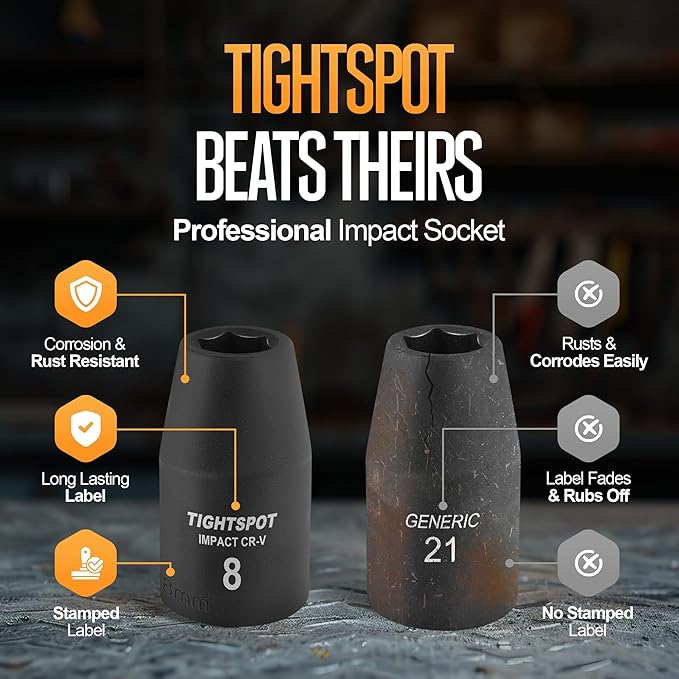 TIGHTSPOT 1/2 Inch Drive 8mm Shallow Impact Socket with Anti-Rounding 6 Point Design, Heat-Treated CRV Steel