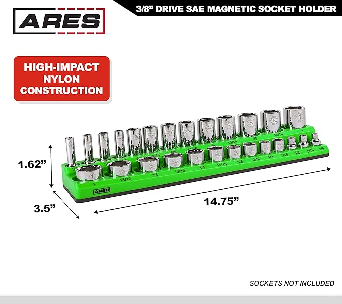 ARES 60007-26-Piece 3/8 in SAE Magnetic Socket Organizer -GREEN -Holds 13 Standard (Shallow) and 13 Deep Sockets -Perfect for your Tool Box -Also Available in RED