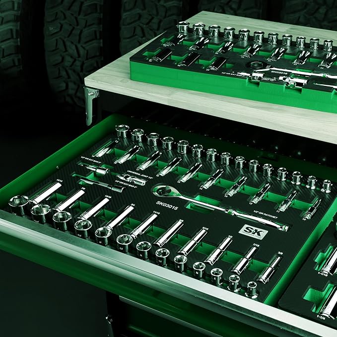 SK 1/2" Drive Socket Set with 160-P Ratchet, 52-Piece, SAE & Metric, SuperKrome Finish, Premium CR-V Construction, with EVA Foam Tool Organizer