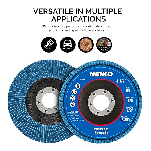 Neiko 11120A Premium Zirconia Flap Disc | 4.5" x 7/8-Inch, 80 Grit, Bevel Type #29 - 10 Pack