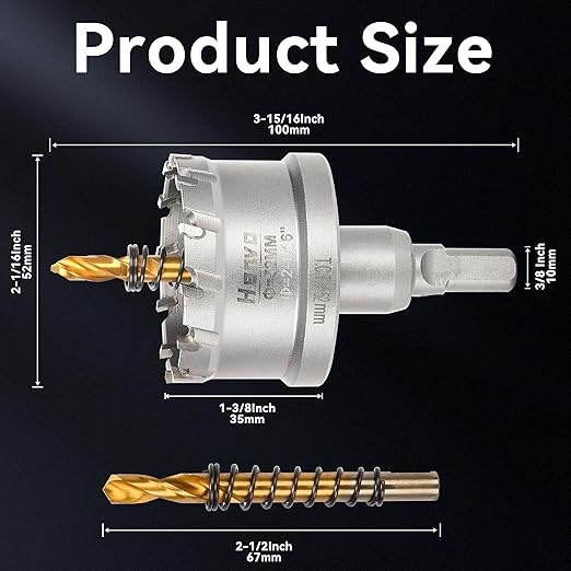 Hole Saw 2-1/16" (52mm) Heavy Duty Carbide with 2 Pilot Drill Bits - Metal Hole Cutter Cuts Stainless Steel, Iron, Copper, Brass, Plastic