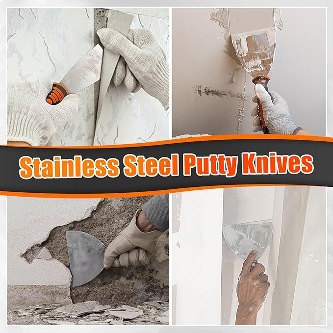 THINKWORK Drywall Knife Set, 10Pcs Drywall Tools Include Stainless Steel Putty Knife Set, Taping Knives, Painter Scraper, 14" Mud Pan and Scoop, Spackle Tool Kit for Joint Taping, Finishing, Patching