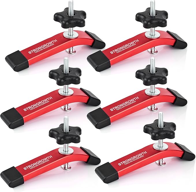 STRONGROWTH T track Hold Down Clamps - Double Cut Profile Universal T-Track Clamps, 6-3/8"L x 1-1/4"W - Woodworking and t slot clamp - Fine Sandblast Anodized - Red Color-6PK