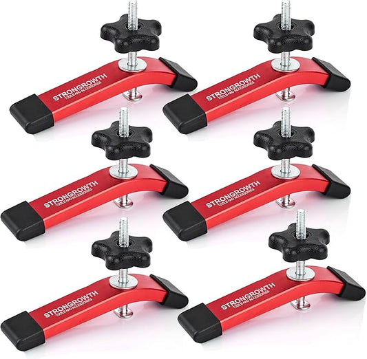 STRONGROWTH T track Hold Down Clamps - Double Cut Profile Universal T-Track Clamps, 6-3/8"L x 1-1/4"W - Woodworking and t slot clamp - Fine Sandblast Anodized - Red Color-6PK