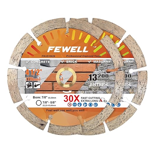 FEWELL 4 1/2 Inch Diamond Concrete Saw Blade,Segmented Concrete Blade for Angle Grinder Dry/Wet Cutting Masonry Brick Block Stone with 7/8"-5/8??Arbor