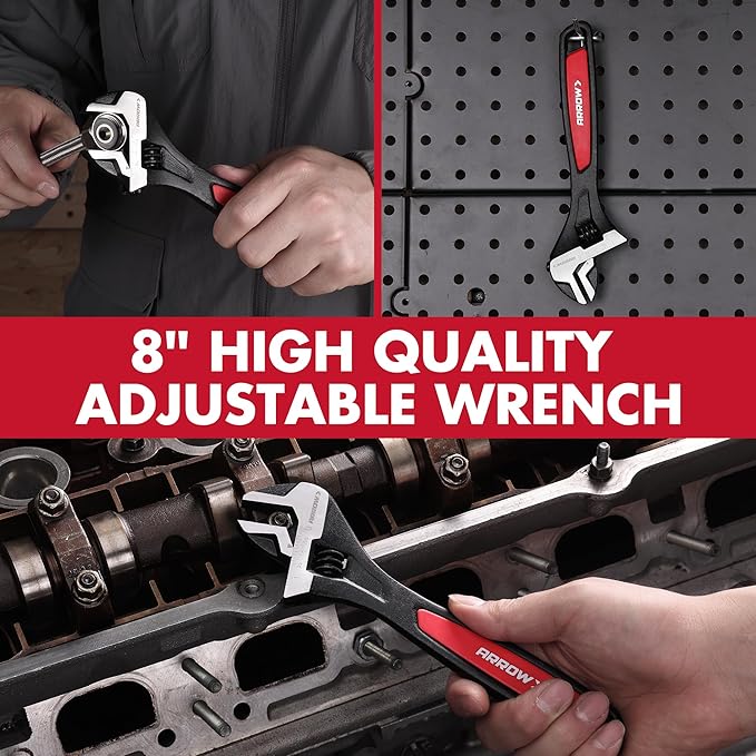 ARROW 8-Inch Adjustable Wrench, Cr-V Steel, Wide Jaw Black Oxide Wrench with Inch/Metric Laser Scales, Non-Slip Grip & Hanging Hole, for Home, Garage, Workshop and DIY