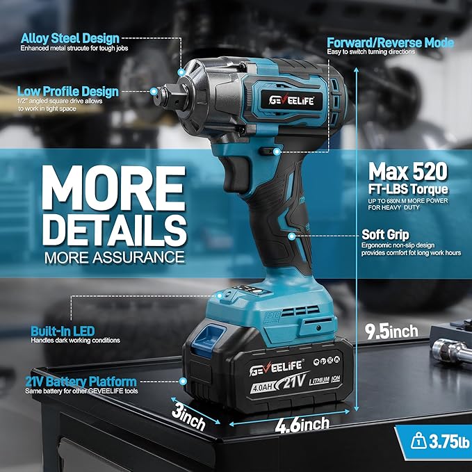 GEVEELIFE Impact Wrench 520Ft-lbs(700N.m) Brushless, 1/2 Impact Gun with 2x4.0Ah Battery, Cordless Impact Wrench, 6 Sockets, 8 Drill Bits, 3300RPM Power Electric Impact Driver for Car/DIY Furniture