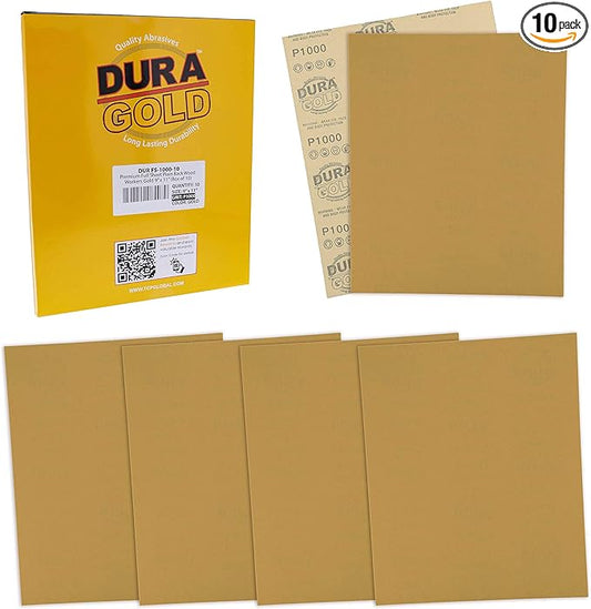 Dura-Gold Premium 9" x 11" Gold Sandpaper Sheets, 1000 Grit (Box of 10) - Wood Furniture Woodworking, Automotive Paint, Full-Size Cut to Use on 1/4, 1/3, 1/2 Sheet Finishing Sanders Hand Sanding Block