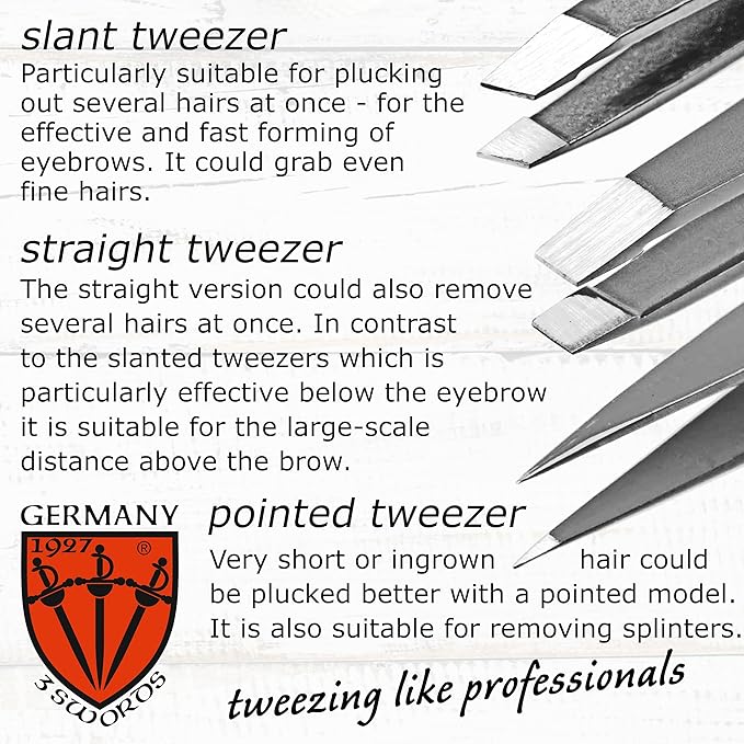 3 Swords Germany – brand quality professional stainless steel precision tweezer set “MEXICO” slanted, straight, pointed eyebrows hair, manicure pedicure – pinzas rectas, biseladas, puntiagudas (5366)
