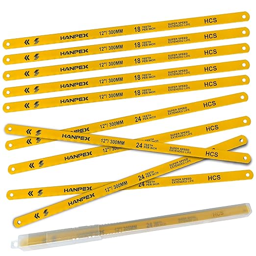 Hacksaw Replacement Blades Set (10 Pack) High Speed 12" Length Hack Saw Blade - High Carbon Steel (HCS) Cutting Blades