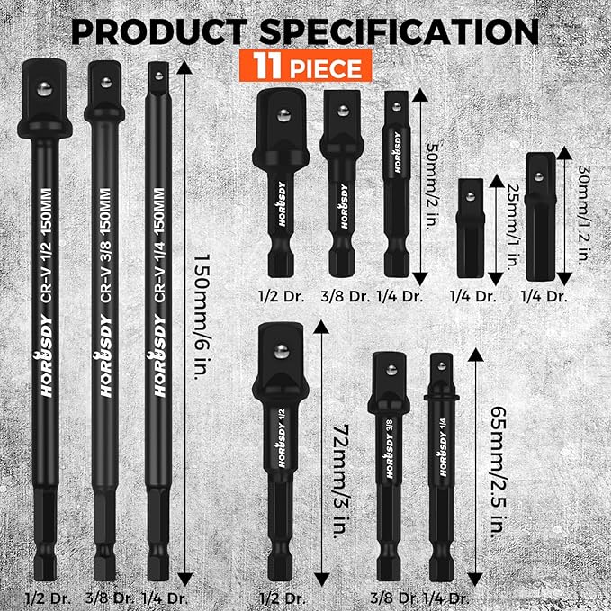 HORUSDY 11-Piece Impact Socket Adapter Set, 1/4-Inch Hex Shank, Cr-V Steel High Torque Drill Extension Bits, 1/4" 3/8" 1/2" Impact Driver Socket Adapters with Storage Holder