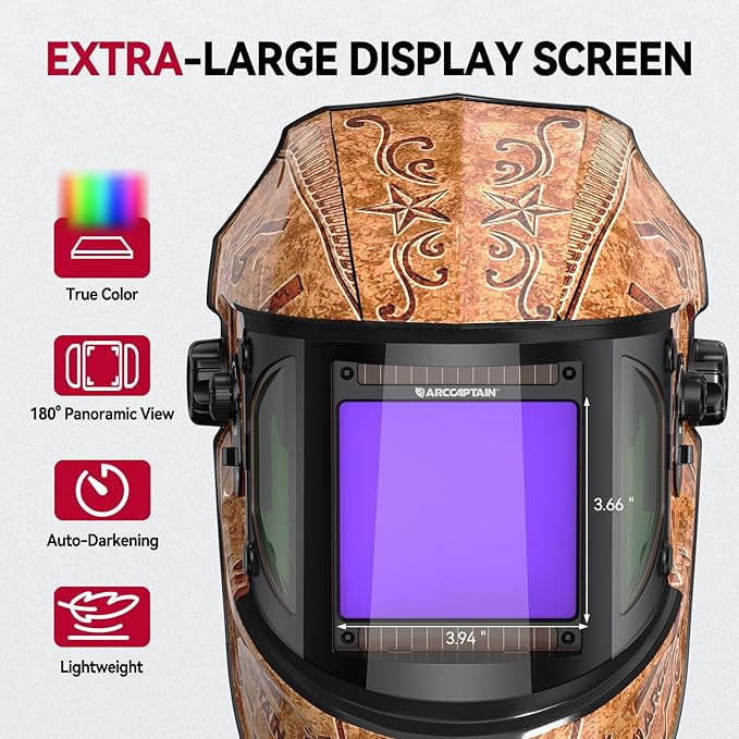 ARCCAPTAIN Auto Darkening Welding Helmet with Side View, 180째 Panoramic View, 1/1/1/1 True Color Large Viewing Welding Hood with 4 Arc Sensor Solar Powered, Wide Shade 4/5-9/9-13, Woodcarving