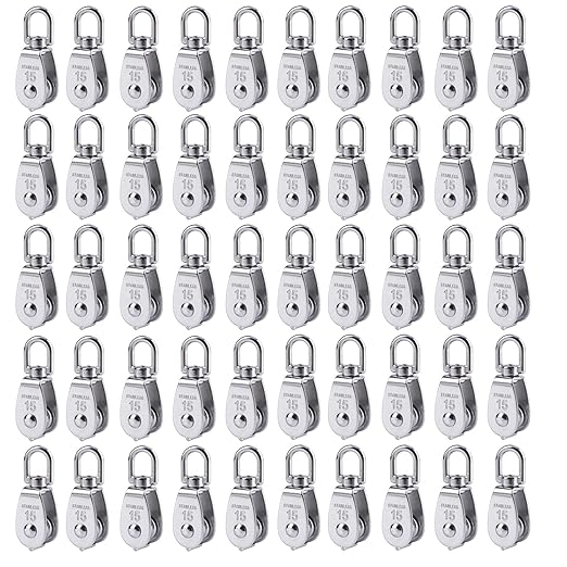 Rocaris 50 Pack M15 Lifting Single Pulley Block 304 Stainless Steel Crane Swivel Hook Double Pulley Roller Loading