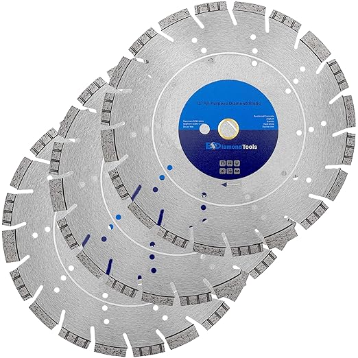 12" All Purpose Diamond Saw Blades for Hard/Reinforced Concrete, Asphalt, Granite, Terrazzo, Ductile Iron Piping, 3-5/8" Cutting Depth, 1" Arbor, 3 Pack