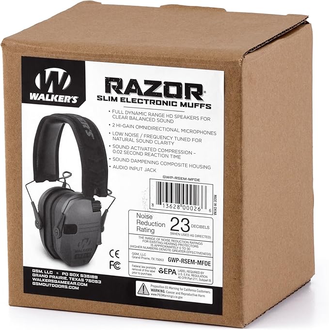 Walker's Razor Slim Ultra Low Profile Compact Design Adjustable Range Shooting Hunting Hearing Protection Electronic Earmuffs