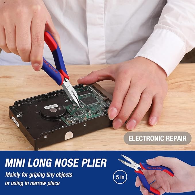 WORKPRO Mini Pliers Set, 3-Piece Small Pliers Tool Kit Includes 4??Diagonal Plier, 5??Long Nose Plier, 6??Needle Nose Plier, for Making Crafts, Repairing Electronic Devices