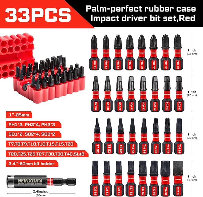 Impact Screwdriver Bits Set, 33 Pieces 1?쒶ulti Head Magnetic S2 Steel Driver Bits PH/SQ/Torx/Slotted With Red Soft Base