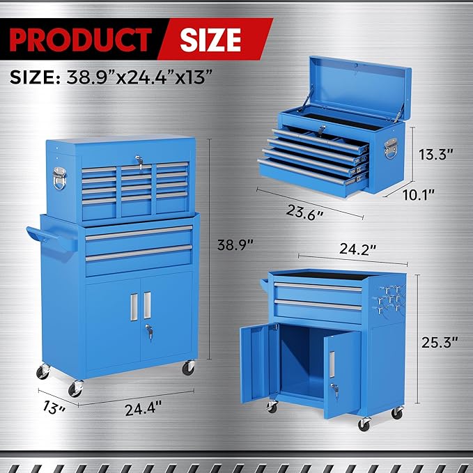 INTERGREAT 8 Drawers Tool Chest, 42'' Large Rolling Tool Chest, Detachable Top Tool Box, and Locking Mechanism, Metal Tool Cart with Liner and 6 Hooks for Garage, Workshop, Blue