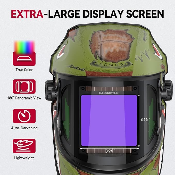 ARCCAPTAIN Auto Darkening Welding Helmet with Side View, 180째 Panoramic View, 1/1/1/1 True Color Large Viewing Welding Hood with 4 Arc Sensor Solar Powered, Wide Shade 4/5-9/9-13 for TIG MIG ARC CUT