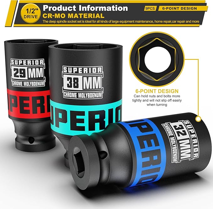 9 Piece 1/2" Drive Deep Axle Nut Impact Socket Set, Metric, 29mm-38mm, CR-MO, 6 Point, Use in Large Equipment Maintenance, Home Repair, Car Repair and More