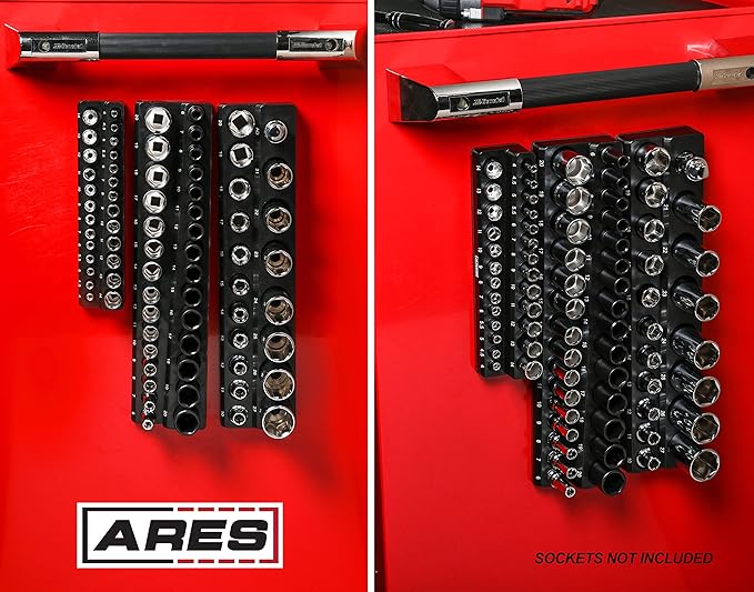 ARES 60034-3-Piece Black Metric Magnetic Socket Organizer Set - Includes 1/4-Inch, 3/8-Inch, and 1/2-Inch Socket Holders - Holds Standard Size and Deep Size Sockets - Keeps Your Tool Box Organized