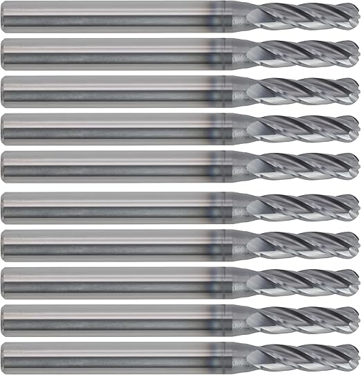 CME 10 pcs Micrograin Carbide End Mills, Ball Nose, TiAlN Coated, 5/32" Mill Diameter, 1/2" Length of Cut, 2" Overall Length, 4 Flute, Center Cutting