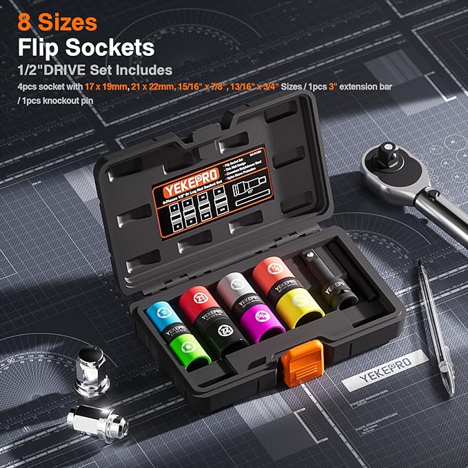 Lug Nut Socket Set, 8 Size 1/2-Inch Drive Wheel Impact Flip Hex Socket Set, Non-Marring & Thin Wall Lug Nut Socket Set, Lug Nut Removal Tool For Car, Cr-Mo Steel, W12206