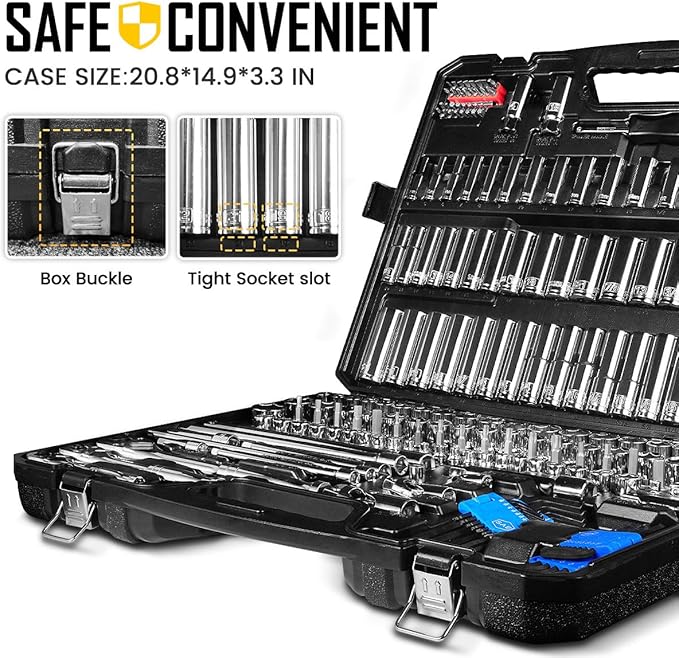 BOEN 225PCS Mechanic Tool Set, 1/4" & 3/8" & 1/2" Drive Socket Wrench Set, Metric and Standard Full Socket Set, with 90-Tooth Ratchet, Auto and Bike Repair with Heavy Duty Case