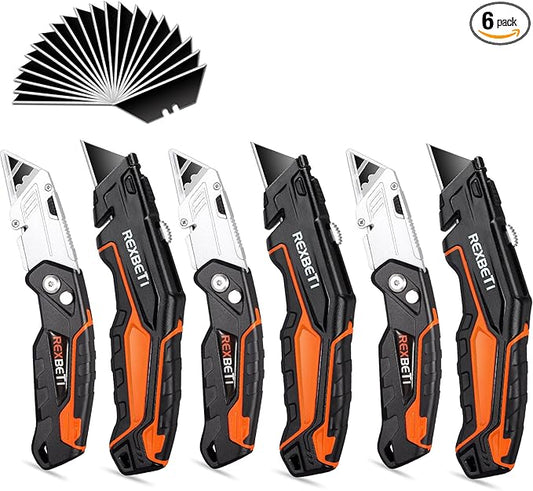 REXBETI 6 Pack Retractable Folding Utility Knife, SK5 Heavy Duty Box Cutter for Cartons, Cardboard and Boxes, Blade Storage Design, Extra 20 Blades Included