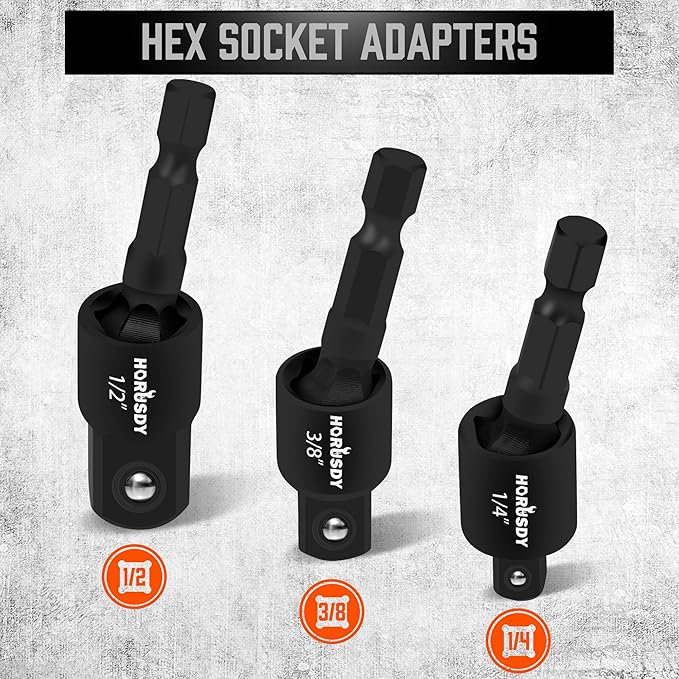 HORUSDY Impact Drill Socket Adapter Set and Universal Joints Socket Set 9-Piece 1/4" 3/8" and 1/2" Driver Socket Adapter, Power Drill